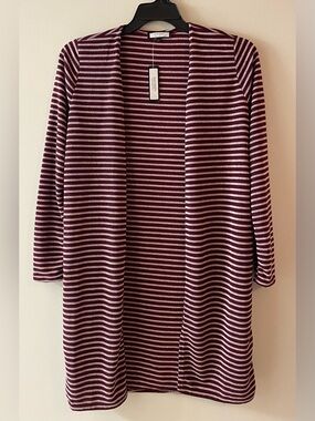 Discreet New York City Burgundy and Cream Striped Open-Front Cardigan
